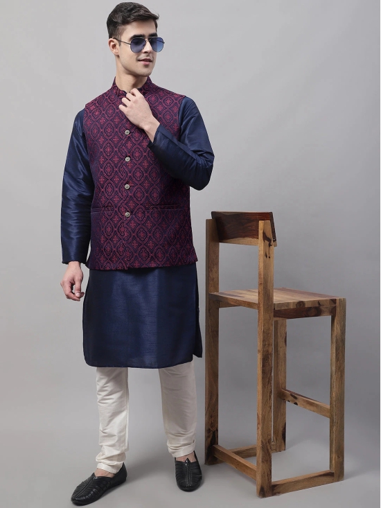 Men Navy Blue and Maroon Woven Design Waistcoats-L / Maroon