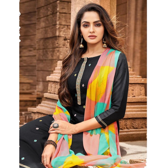 Black Casual Wear Floral Embroidered Chanderi Dress Material ( Unstitched )