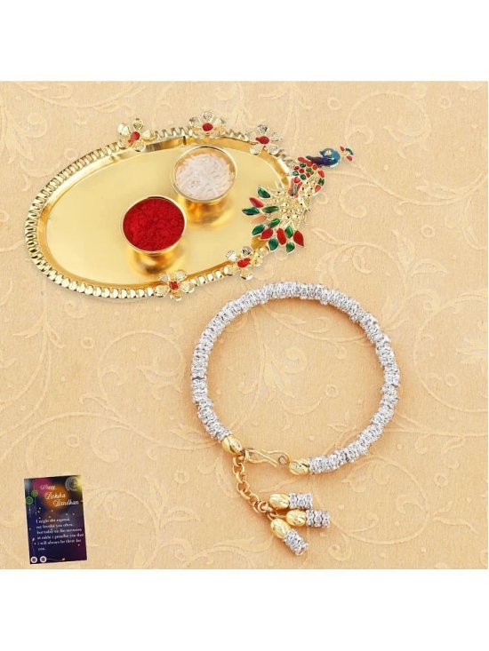 Designer Silver Kada Bhabhi Rakhi With Kankawati Pooja Thali Roli Chawal And Raksha Bandhan Greeting Card - None