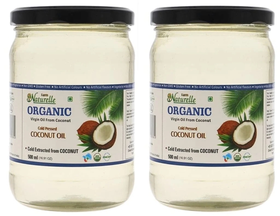 Farm Naturelle 100 % Pure Organic Virgin Cold Pressed Coconut Cooking Oil -500 ml x2 (Glass Bottles )