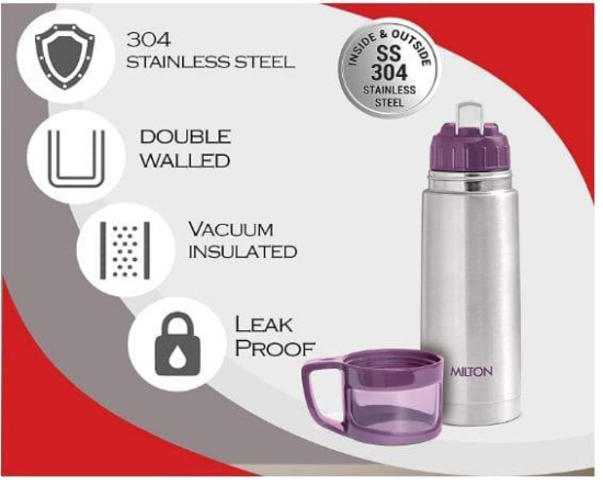 Milton Glassy Thermosteel 24 Hours Hot and Cold Water Bottle with Drinking Cup Lid, Silver | Leak Proof | Office Bottle | Gym Bottle | Home | Kitchen | Hiking | Trekking | Travel Bottle