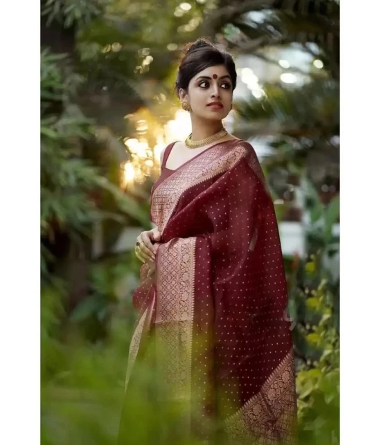 Gazal Fashions Banarasi Silk Embellished Saree With Blouse Piece - Maroon ( Pack of 1 ) - Maroon