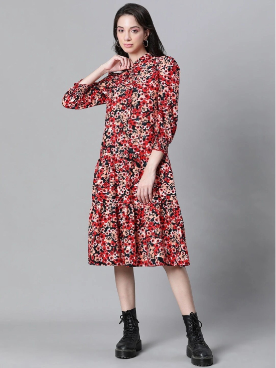 Oxolloxo Floral Printed Mandarin Collar Puff Sleeves Pure Cotton Shirt Midi Dress