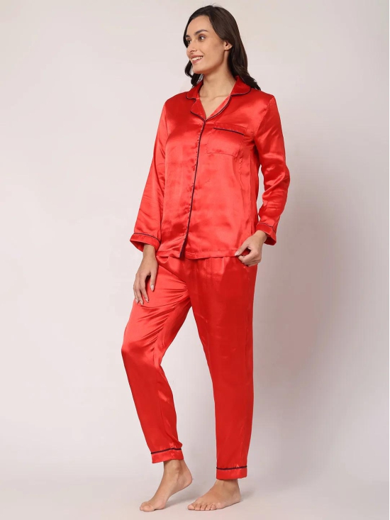 GOCHIKKO Women's Satin Plain Color Night Suit Set of Shirt & Pyjama Pack of 1(LIGHT RED)-2XL