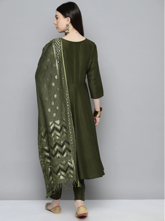 Sequin, zari embroidered flaired kurta with pants and dupatta-M / Green