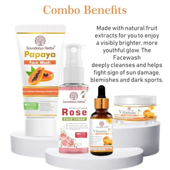 Soundarya Herbs Glow Combo Pack - Papaya Face Wash, Rose Face Toner, Vitamin C Serum, Night Cream, Skincare Set