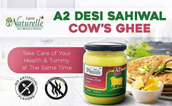 Farm Naturelle-A2 Desi Cow Ghee from Grass Fed Sahiwal Cows,Vedic Bilona method-Curd Churned-Golden, Grainy & Aromatic, Keto Friendly, NON-GMO, Lab tested, Glass Jar- (750ml+75ml Extra+Wooden Spoons.) x 2 Sets.