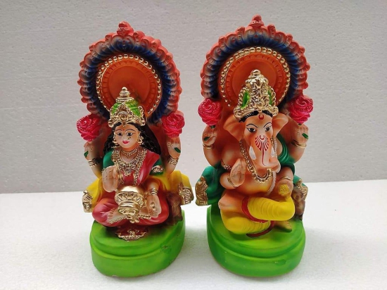 KSI Laxmi Ganesh Idol Statue for Diwali Laxmi Puja Made of Clay, mitti (Size: 15 cm Height x 9 cm Width)