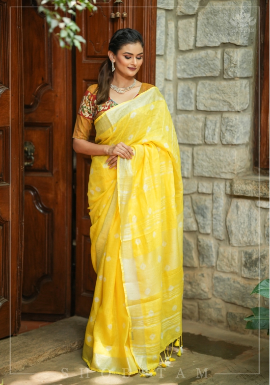 Authentic Bandini - Shibori on Pure Linen by Linen Saree with Zari Border in Sunflower Yellow