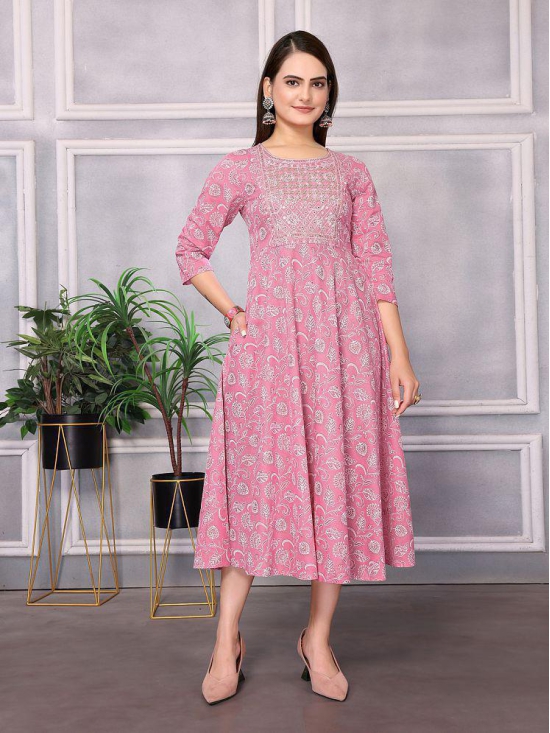 Rangita Women Cotton Pink Embroidered Calf Length Flared Kurti - None