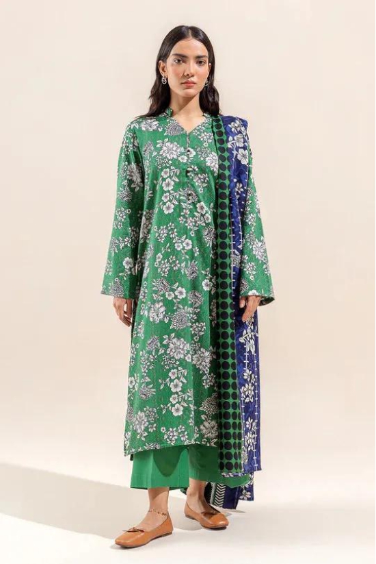 Beechtree Unstitched Shawl 23 - 3 PIECE - PRINTED COTTON SATIN SUIT WITH PRINTED SHAWL - MEADOW GREEN