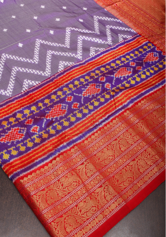 Not found//Amethyst tone Ikkat Patola Kanjivaram Fusion Silk Saree with Panel design and zari border | SILK MARK CERTIFIED