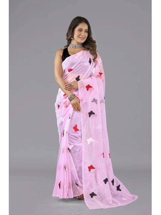 JULEE Net Embroidered Saree With Blouse Piece - Pink ( Pack of 1 ) - Pink