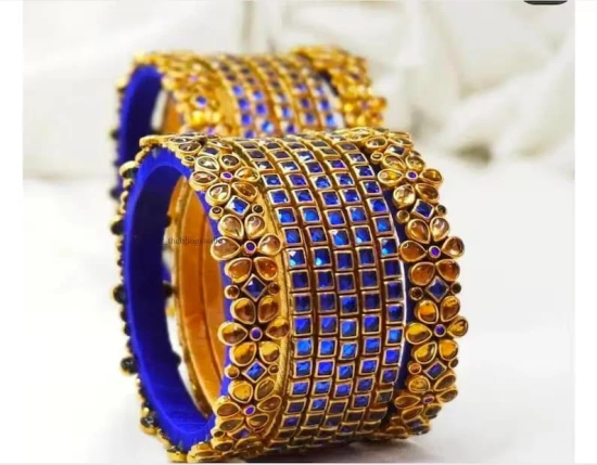 Handmade Gold Plated Kundan Stone Blue Lac Bangles (Set of 4)