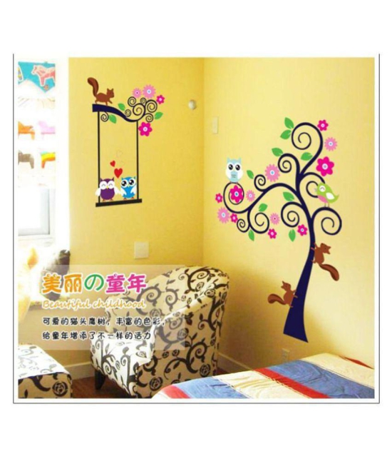 Print Mantras Tree Owl Squirrel wall stickers Nature Sticker ( 120 x 140 cms )