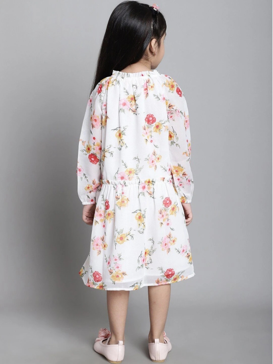 MINI & MING Girls Floral Print Tie-Up Neck Puff Sleeve A-Line Dress