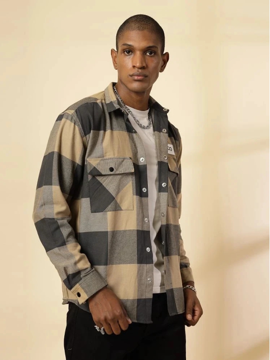 Rigo Flannel Oversized Fit Checks Full Sleeves Mens Casual Shirt - Beige ( Pack of 1 ) - None