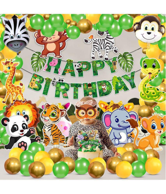 Zyozi Jungle Safari Birthday Decoration / Birthday Decorations items - Party Decoration Bunting Banner with Balloons, Cake Topper,Foil Balloons, Cardstock Cutout, Glue & Sticker (Pack of 81)