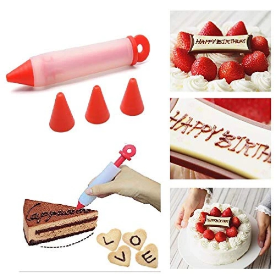 CONNECTWIDE 1Pc Silicone Pen with 4 Nozzles Food Writing Pen with-Head Cake Decorating Pen Chocolate Cream Jam Squeezed Syringe Pastry Cookie Painting Cream Cake Baking Decorating Tool