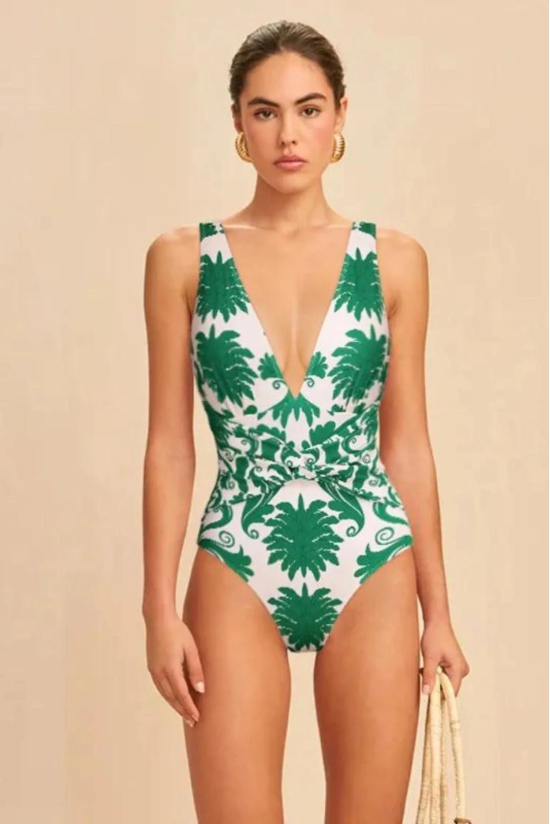 Floral Printed V Neck One Piece Swimwear with Full Length Pant-2XL / Only Swimsuit