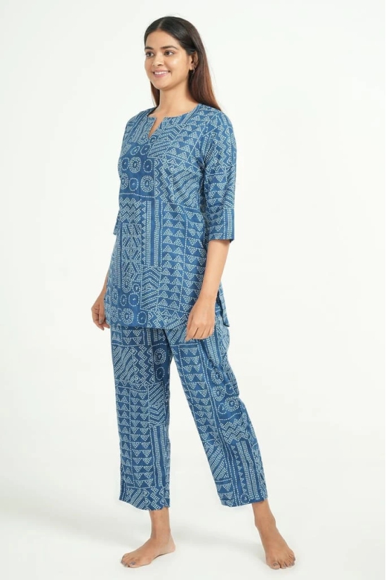 Women's Blue Jaipuri Print Cotton Kurta and Pant Loungewear Set