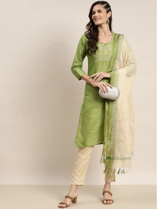 Yoke Design Cotton Women Silk Kurta with Trousers & Dupatta-XXL / Green