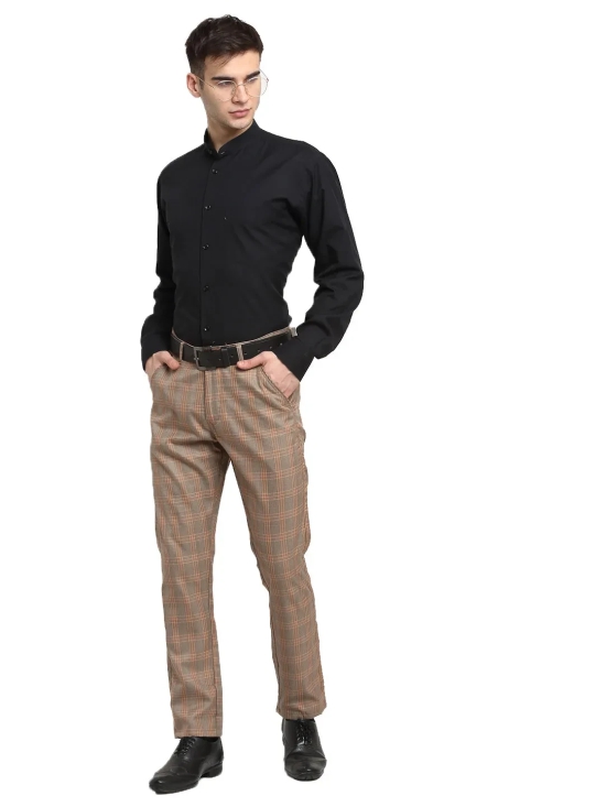 Indian Needle Men's Brown Cotton Checked Formal Trousers-30 / Brown