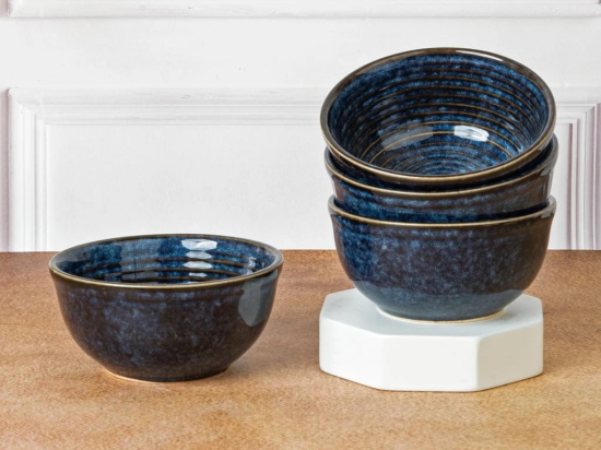 Reactive Handpainted Premium Ceramic 4 Small Dinner Bowl| Dessert Bowl, Soup Bowl, Salad Bowl | Stoneware | Microwave and Dishwasher Safe | Pack of 4 | Reactive Blue