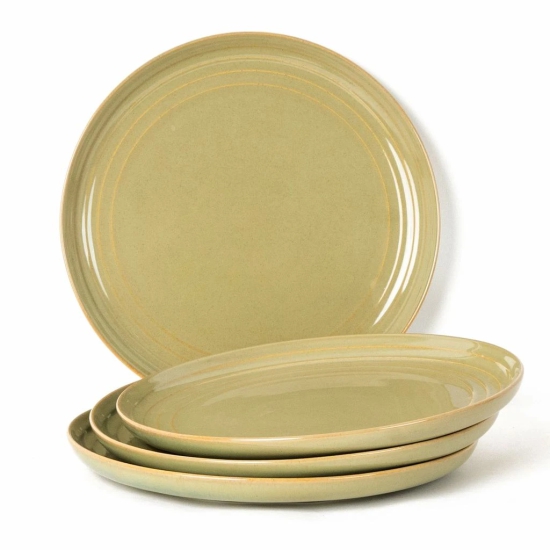 Handcrafted Chip Resistance Porcelain Quarter Plates, Side, Snacks, Pasta Plates 4 Pieces, Microwave and Dishwasher Safe, Small Plate Set for Dining and Gifting, Set of 4, Olive Green