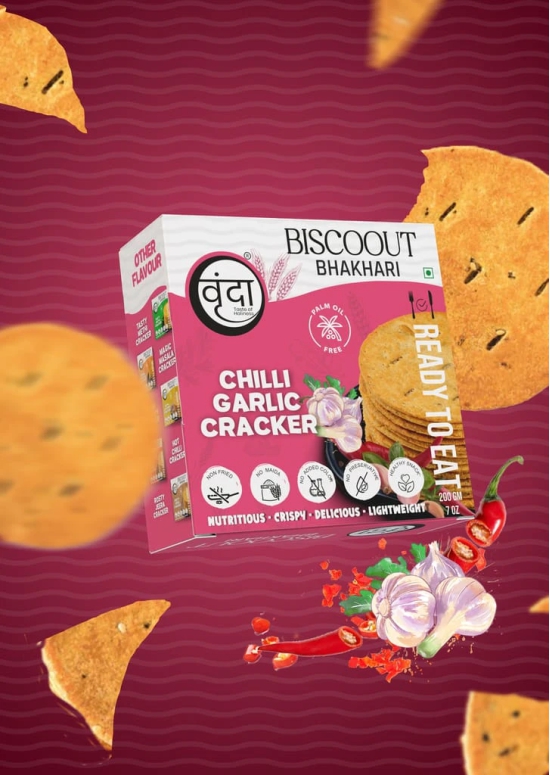 Vrunda Palm Oil Free Roasted Bhakhari |Chilli Garlic Cracker|Snacks |Pack of 4 (200Gm each)