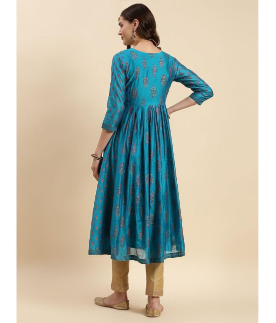 Rangita Women Turquoise Chanderi Embroidered Calf Length Anarkali Kurti - None