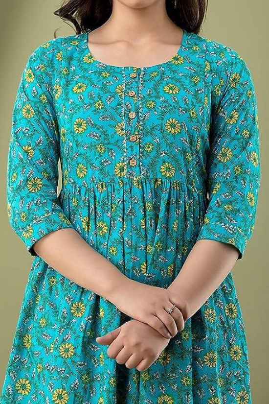 KASHVI Creation Women's Cotton Floral Printed Anarkali Maternity Feeding Kurti-Sky Blue