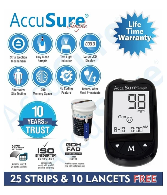 AccuSure Instant Digital Simple Glucometer Kit with 25 Strips,10 Lancet,1 Lancing device