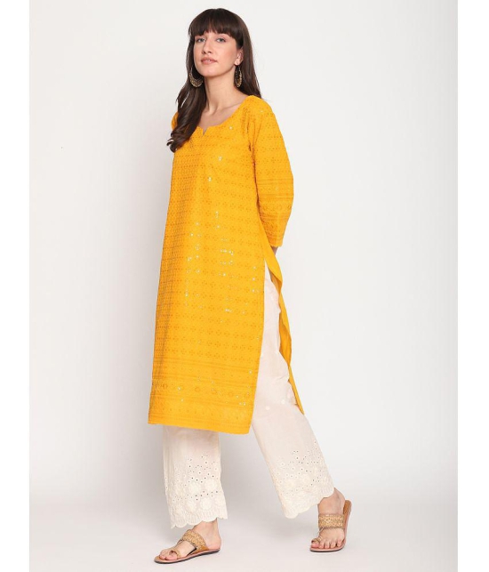 Queenley - Yellow Cotton Women's Straight Kurti ( Pack of 1 ) - XL