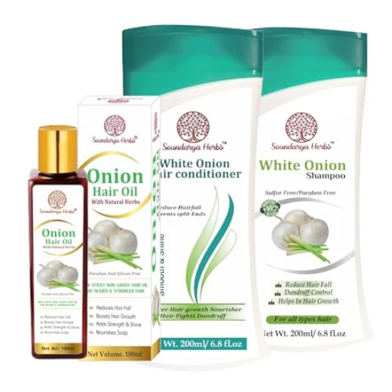 Soundarya Herbs Onion Hair Oil - 100ml + Onion Hair Shampoo - 200ml + Onion Hair Conditioner - 200ml for Healthy & Shiny Hair