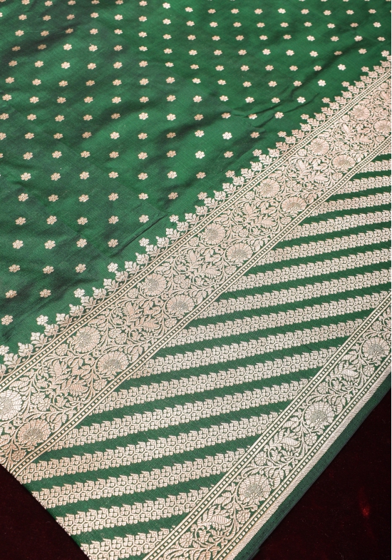 Bottle Green Banarasi Katan Silk Saree with Chunri Butis and Skirt Border | SILK MARK CERTIFIED