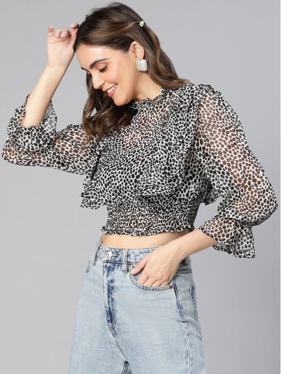 Oxolloxo Abstract Dots Print Smocked & Ruffled Detail Georgette Blouson Crop Top