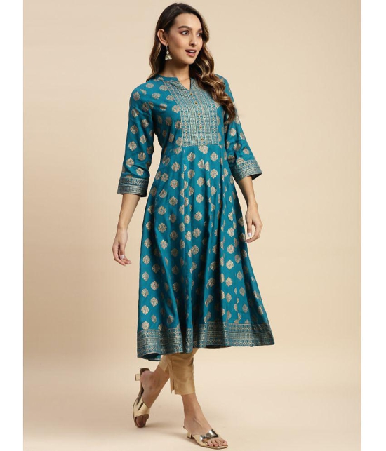 Rangita Women Rayon Teal Gold Printed Calf Length Flared Kurti - None