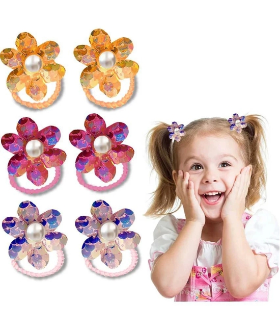 LYKAA Hair Rubber Bands With Shimmer Flowers Elastic Bands Hair Accessories Ponytail Holder - 6 Pcs - Multi