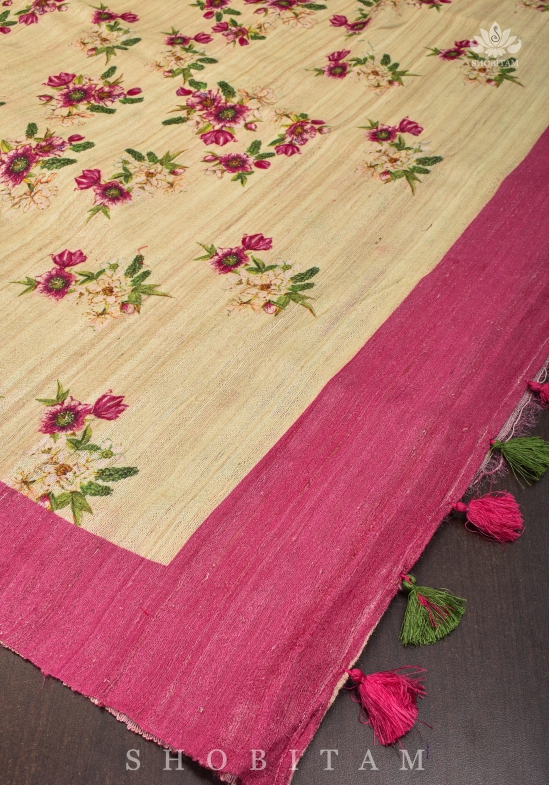 Geecha Raw Tussar Silk Saree with Floral Digital Print in Beige | SILK MARK CERTIFIED