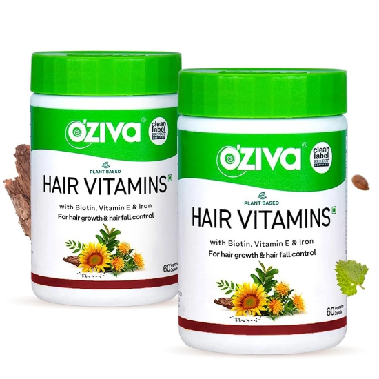 OZiva Plant Based Hair Vitamins Hair Vitamins for Hair Growth  Better Hair Health-OZiva Hair Vitamins Capsules for Hair Growth | 100% Natural with Biotin, Iron, DHT Blocker & Vitamin E (2 Months,