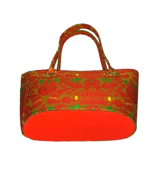 Red and yellow brocade handbag with green handles