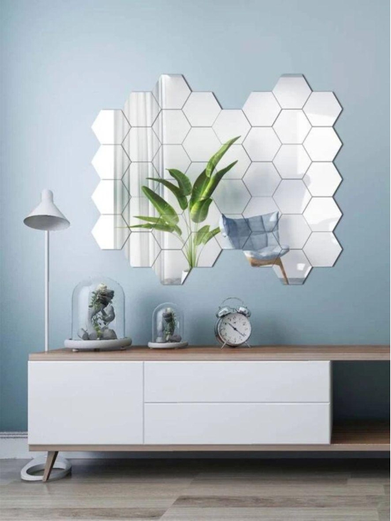 WallDaddy Mirror Stickers For Wall Pack Of 40 Hexagon Silver Color Flexible Mirror Size (10x12)Cm Each Hexagon-Free Size