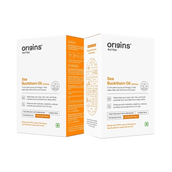 Origins Nutra Sea Buckthorn Oil |Reduce Wrinkles & Pigmentation, Supports Skin Hydration & Elasticity | Sea Buckthorn Oil | GMP Certified | For Men & Women | 28 Capsules Pack of 2