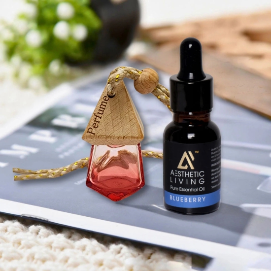 Aesthetic Living Car Aromatizer Diffuser Bottle with Essential Oil (Crystal Colored Transparent Combo- 8 ml + Blueberry Essential Oil, 15 ml)