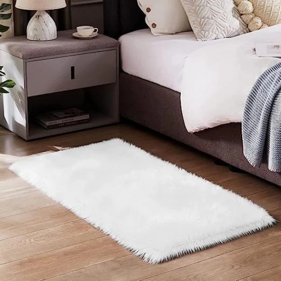 KATHIYAWADI  Sheepskin Rug | Fluffy Soft Faux Fox Fur for Bedroom Living Room Decor | Faux Fur Bedside Rug, Decorative Fur for Chair, Sofa, Bed,Room Decor, Rectangle (60x90 cm - 2x3 Feet - Mat, White)