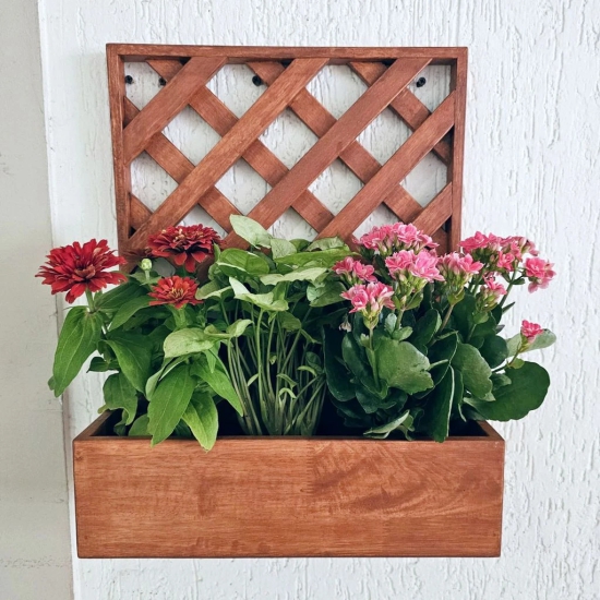 BARISH - Wall Mounted Planter - Single Square | Handcrafted with Rubberwood | Indoor Planter Frame with Stand 18 x 14 x 6 Inches