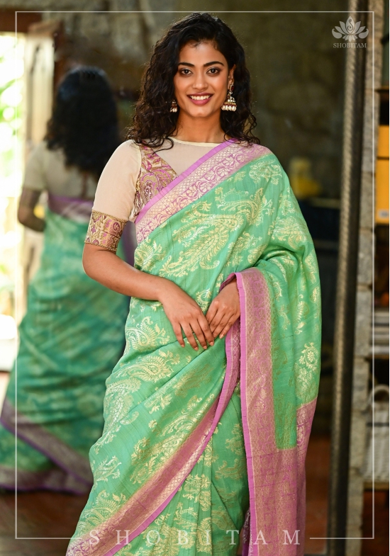 Exquisite Tussar Georgette Silk Saree in Sea Green and Lilac with Silver Paisley Jaal | SILK MARK CERTIFIED