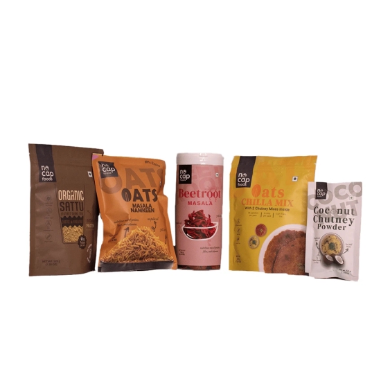 Combo of 5 | High Protein, Fiber-Rich  | Oats Chilla Premix 200 gm (1), Beetroot Masala Chips Box 150 gm (1), Sattu Coffee Hazelnut Shake 220 gm (1), Oats Namkeen 50 gm (1), Coconut Chutney Instant Mix 50 gm (1) |