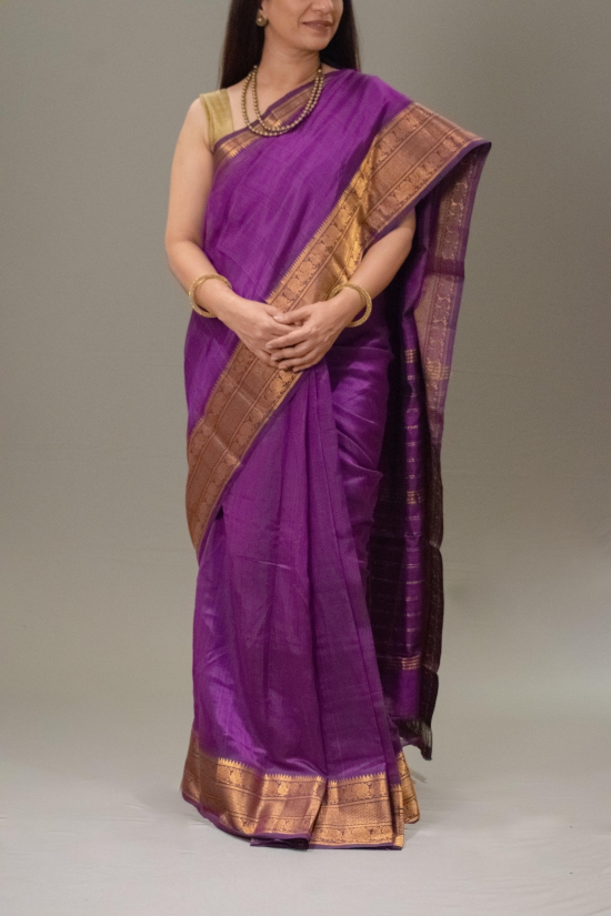 Aubergine Purple Pure Venkatgiri Silk Pattu with Golden Gadwal Border